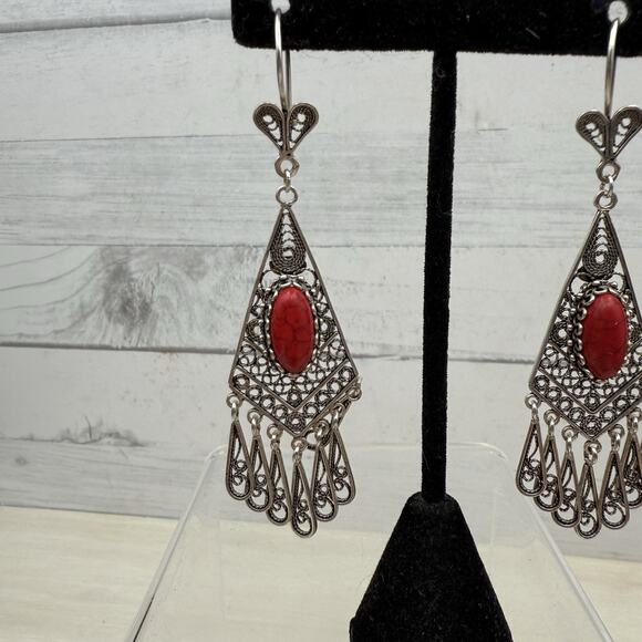 DGS Turkey 925 Sterling Silver Filigree Carnelian Dangle Earrings 16.4 grams - Picture 7 of 13